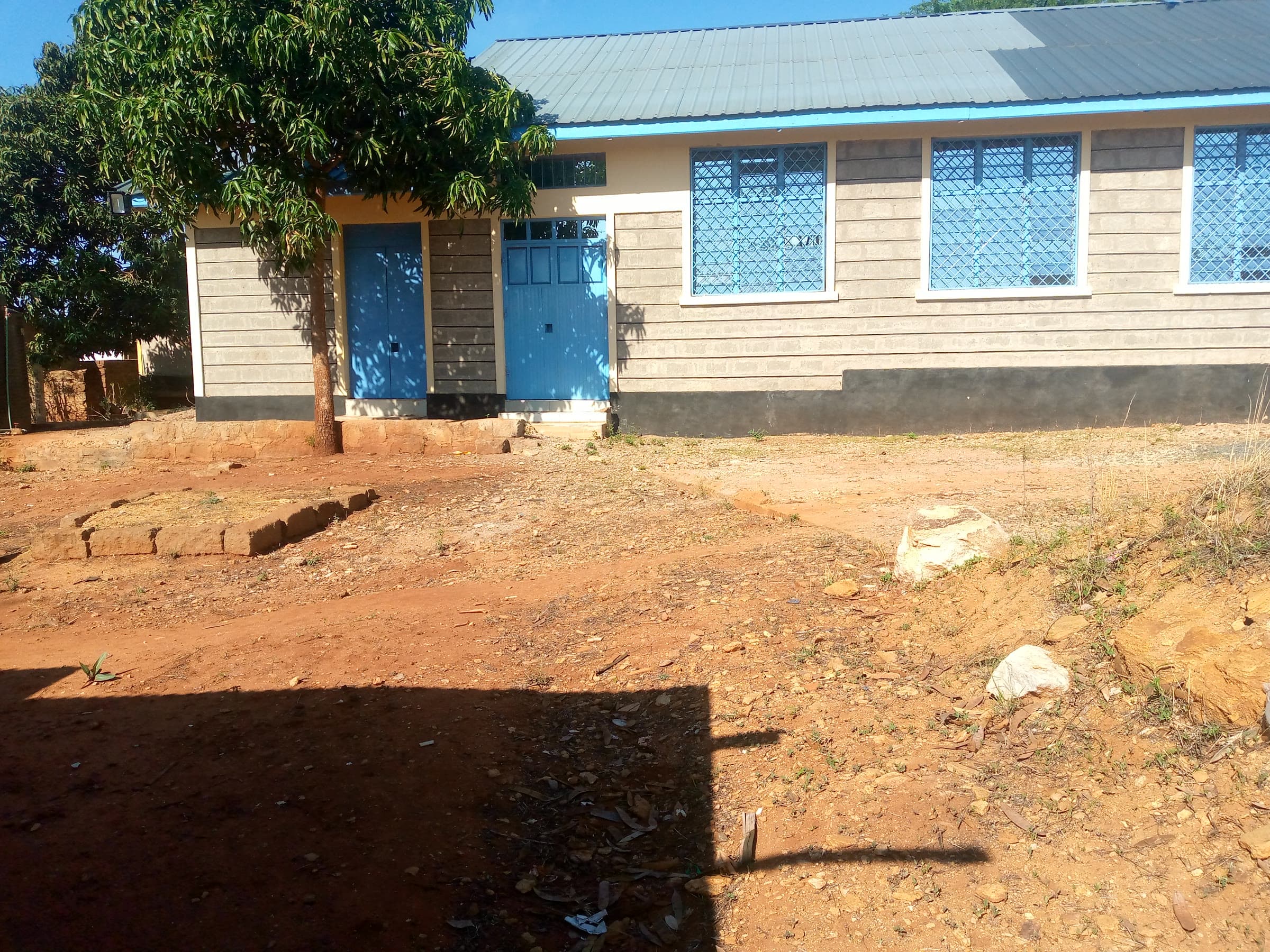 The side of the hall and a shade tree in the compound